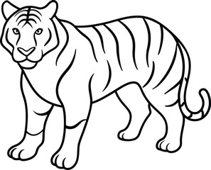 An outline illustration of a tiger, prowling forward with an intense gaze, depicted with simple lines on a white background