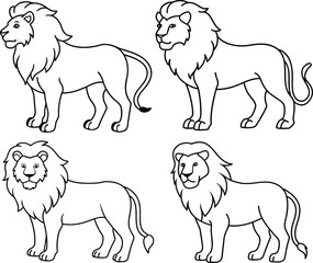 A package of Lion outlines an illustration silhouette, with a majestic mane, standing in a powerful pose, drawn with minimalistic lines on a white background.