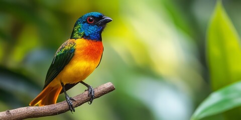 Obraz premium Macro shot of a colorful tropical bird perched on a branch, emphasizing the vivid plumage and exotic allure of wild species