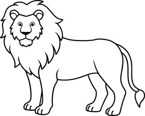 An outline illustration of a lion, with a majestic mane, standing in a powerful pose, drawn with minimalistic lines on a white background.