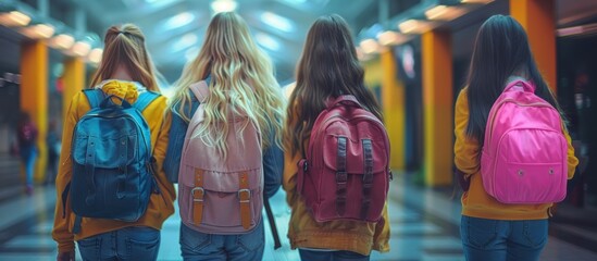 Students with their backpacks on their backs walking down the school hallway