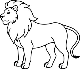 Lion outlines illustration silhouette, with a majestic mane, standing in a powerful pose, drawn with minimalistic lines on a white background.