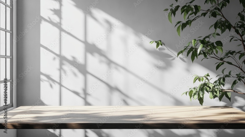 Poster soft sunlight casts intricate shadows on a wooden tabletop, inviting serenity into the minimalist sp
