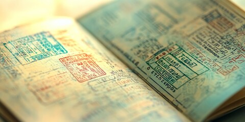 Fototapeta premium Close-up of a passport with visa stamps and travel tickets, highlighting the essential elements of international travel and adventure