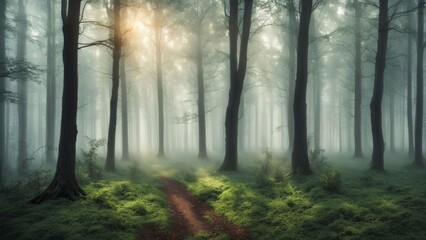 early morning in a foggy forest
