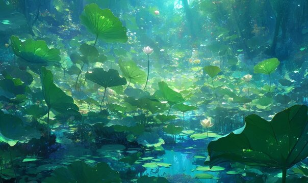 Serene Lotus Oasis: Vibrant Blooms and Lush Leaves Float on Tranquil Summer Lake. Botanical Beauty Inspires Relaxation, Perfect for Nature-themed Marketing, Game UI, Web Design, and Stunning 4K Wallpa