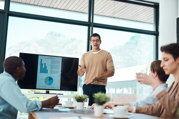 Data, business people and group presentation on monitor for training, creative or analysis. Team,...
