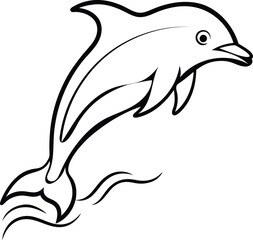 An outline illustration of a dolphin, leaping out of the water in a fluid motion, with clean, curved lines on a white background