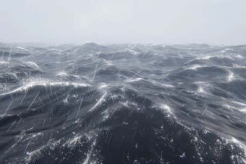 Fototapeta premium Stormy ocean waves under gray skies with rain and mist, capturing the raw power of nature and the tumultuous sea.