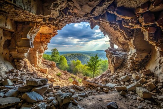 rock cave cavern inside view with bright view outside