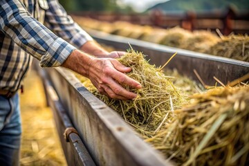 farmer put dried hay in feed trough for livestock animal