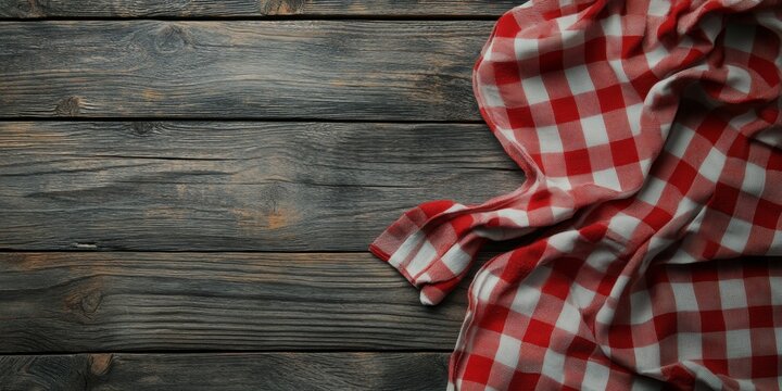Rustic Charm: Red Checkered Tablecloth on Wooden Table, Perfect for Picnic Scenes and Food Presentations. Versatile Background for Marketing, Home Decor, Game UI, Web Design, and 4K Wallpapers.