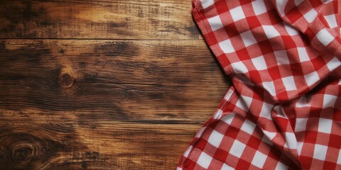 Rustic Charm: Red Checkered Tablecloth on Wooden Table, Perfect for Picnic Scenes and Food Presentations. Versatile Background for Marketing, Home Decor, Game UI, Web Design, and 4K Wallpapers.