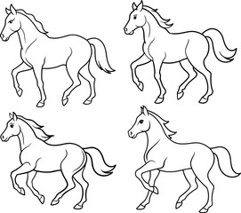 Horse outline illustration four horses pakage, in a galloping pose, with smooth and elegant lines on a white background