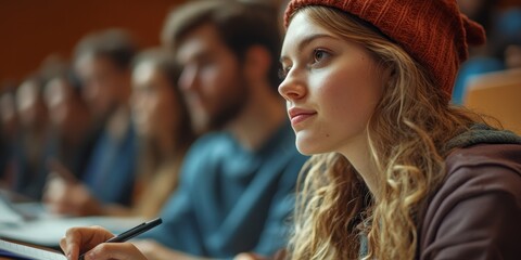 Macro shot of a student taking notes during a lecture, with a focus on their attentive expression and academic materials