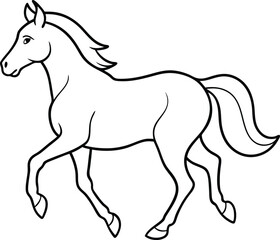Horse outline illustration, in a galloping pose, with smooth and elegant lines on a white background