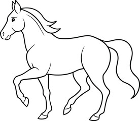 An outline illustration of a horse, in a galloping pose, with smooth and elegant lines on a white background