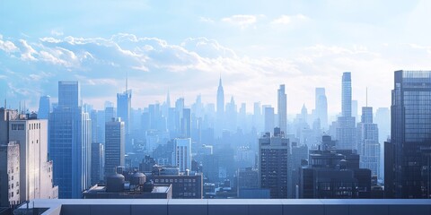 Macro shot of a rooftop view overlooking an expansive city skyline, capturing the grandeur and expanse of urban environments