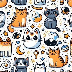 Obraz premium Seamless Pattern with Cute Cats and Doodle Elements