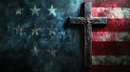 A wooden cross with a crucified figure stands against a backdrop of the American flag, with stars and stripes in a worn, faded paint effect, creating a powerful symbol of faith and patriotism.