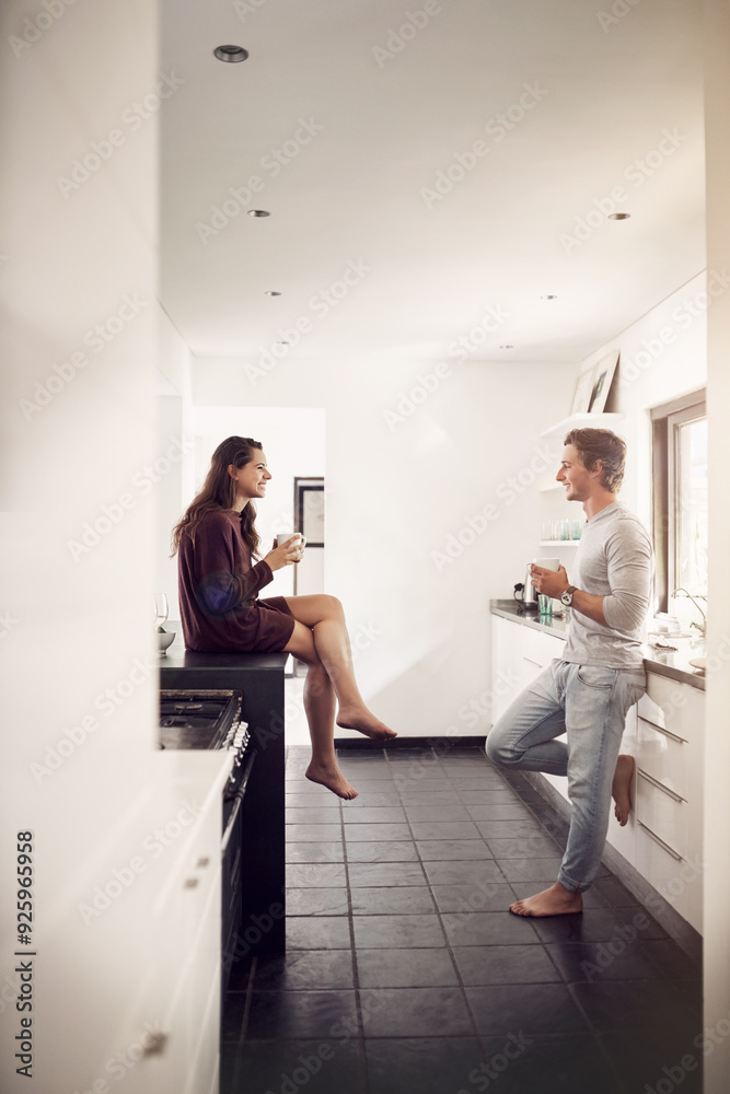 Canvas Prints Talk, love and couple in kitchen with coffee, morning discussion and bonding together in home. Drink, happy man and woman chat with care, connection and relax with relationship support in apartment