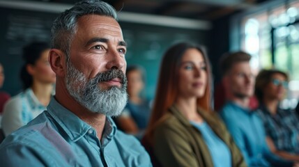 Fototapeta premium A man with a distinguished beard sits attentively, surrounded by captivated listeners during an engaging talk on innovative ideas