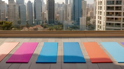 Aerial view of a yoga class on a rooftop with cityscape background, blending fitness and urban life, Rooftop yoga, Harmonious, serene, urban wellness