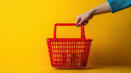 Closeup of a hand placing a discounted item into a shopping basket, shopping, sales find
