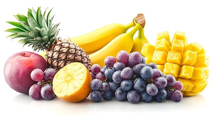 A photorealistic display of tropical fruits including pineapples, bananas, and grapes, carefully isolated on a white background