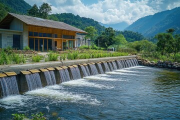 Educational center by a dam, promoting awareness of sustainable water use, ecofriendly, community engagement