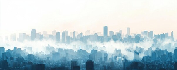 Polluted cityscape, dense smog over skyline, flat design illustration