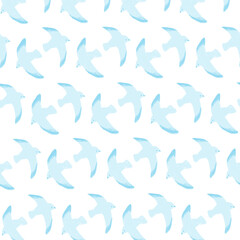 Seamless pattern childish with seagulls flying on blue sky background. Pattern for wrapping, baby clothes, background, textile