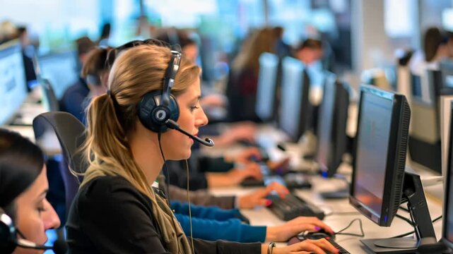  A focused call center employee wearing a headset works at a computer, with a busy office environment in the background.