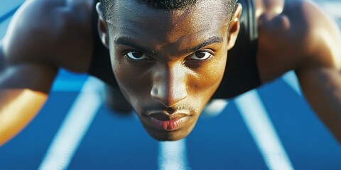Close-up of a sprinterG??s focused face and muscular legs on the starting blocks, capturing the dedication and intensity of competitive athletics