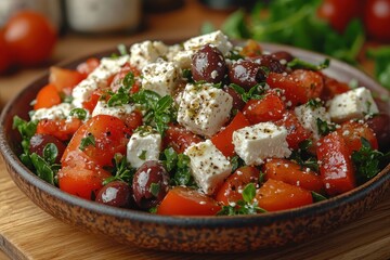 Crisp and colorful Greek salad with olives and feta cheese, close-up on a blurred kitchen counter. Fresh and flavorful.