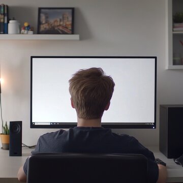 Young Professional Working from Home: Over-the-Shoulder View of Remote Worker Using Computer with Blank White Screen. Perfect for Marketing, UI Design, Posters, and 4K Wallpapers Illustrating Modern W