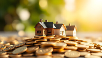 Miniature Houses on a Pile of Gold Coins. Prosperous Living of investment