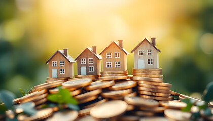 Miniature Houses on a Pile of Gold Coins. Prosperous Living of investment