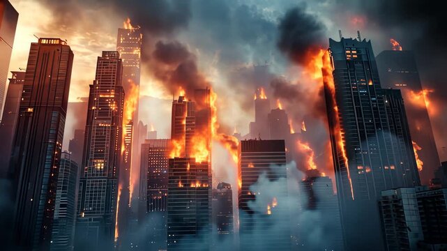 Tall skyscrapers engulfed in flames and smoke, creating a dramatic and intense scene of destruction and chaos in an urban environment.