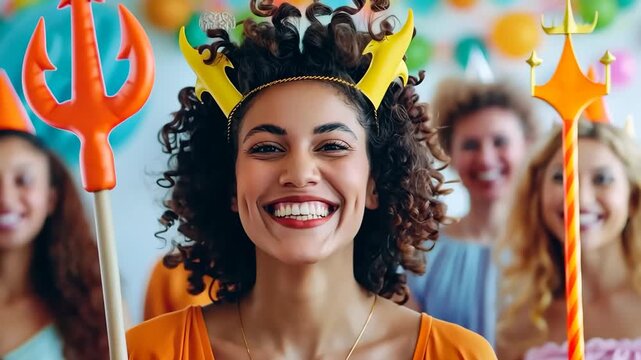 A joyful woman with curly hair dressed in a devil costume, holding a trident at a lively party, embodying fun and Halloween spirit.
