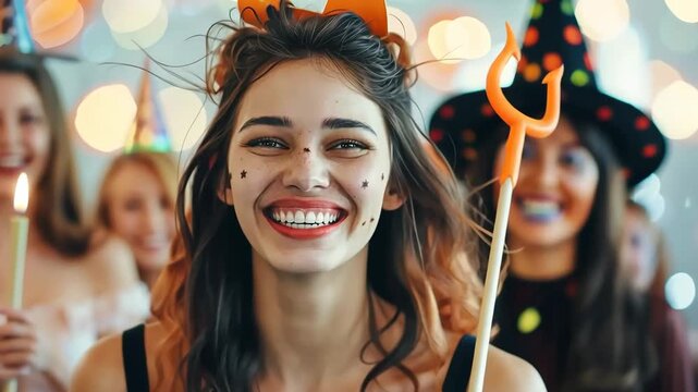 A joyful woman with curly hair dressed in a devil costume, holding a trident at a lively party, embodying fun and Halloween spirit.