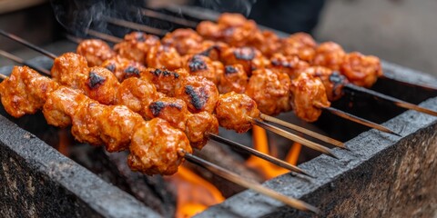 Sizzling Hot Lamb Skewers: Mouthwatering BBQ Delight for Summer Nights and Beer Festivals. Irresistible Local Specialty Perfect for Dinner, Late-Night Cravings, and Young Food Enthusiasts. Ideal for M