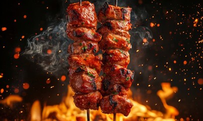 Sizzling Hot Lamb Skewers: Mouthwatering BBQ Delight for Summer Nights and Beer Festivals. Irresistible Local Specialty Perfect for Dinner, Late-Night Cravings, and Young Food Enthusiasts. Ideal for M
