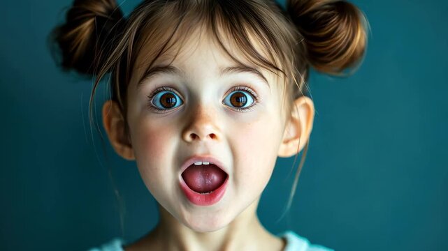 A surprised little girl with pigtails reacts with wide eyes and an open mouth against a bright blue background.