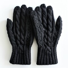 A black woolen glove pair on a white background, emphasizing their practical and stylish design