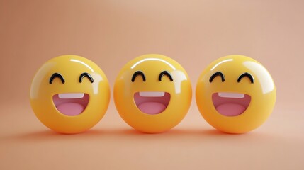 Fototapeta premium Join the world emoji day celebration with this lively image showcasing three happy emoji faces on a wooden background, perfect for adding a cheerful and welcoming touch to your online conversations