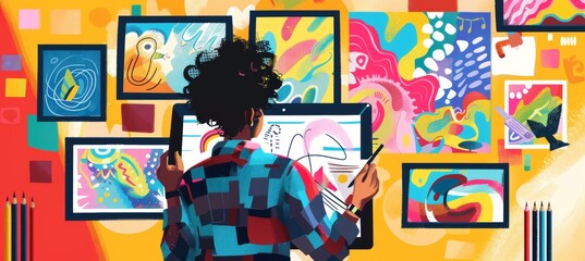 Digital Illustrator Using Tablet for Cloud Storage Retrieval Surrounded by Vibrant Artwork and Tools