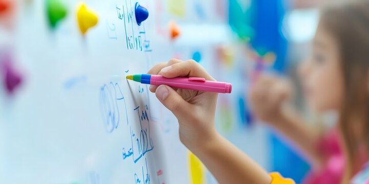 Close-up of a teacherG??s hands writing on a whiteboard with colorful markers, illustrating interactive and engaging teaching methods