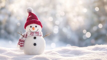Happy snowman in winter scenery with copy space, blurred bokeh snow magical white landscape background