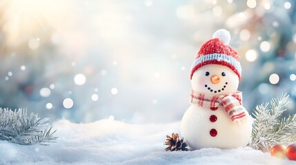 Happy snowman in winter scenery with copy space, blurred bokeh snow magical white landscape background